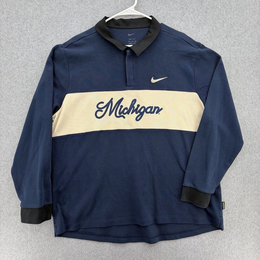 Nike Michigan Wolverines Long Sleeve Polo Mens XXL Navy Maize Dri-FIT NCAA